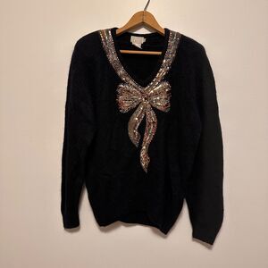 Vtg 80s Preferred Classix Sweater Sz M Beaded Sequin Bow Black Knit Silk Angora